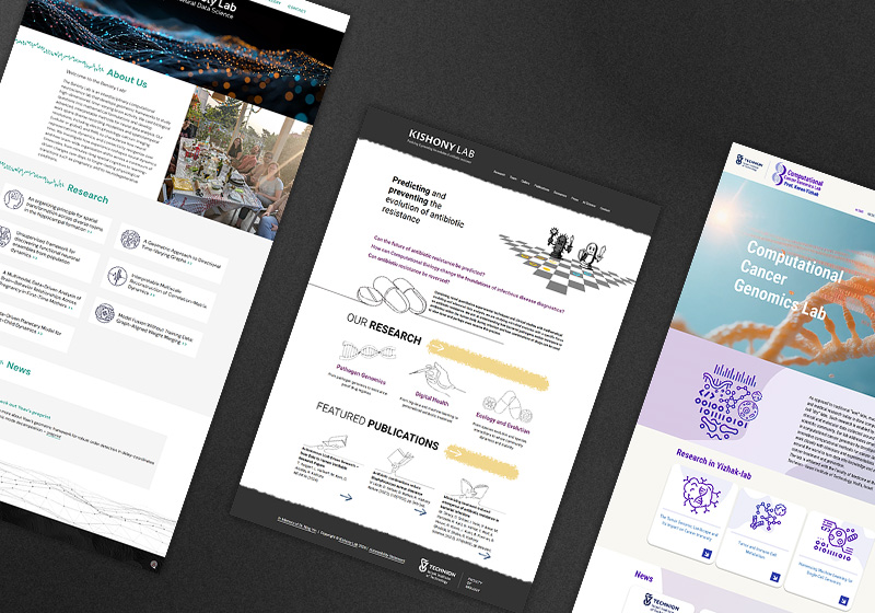 Three research lab websites shown as desktop screenshots: Benisty Lab for Neural Data Science, Kishony Lab for antibiotic resistance research, and the Computational Cancer Genomics Lab at the Technion