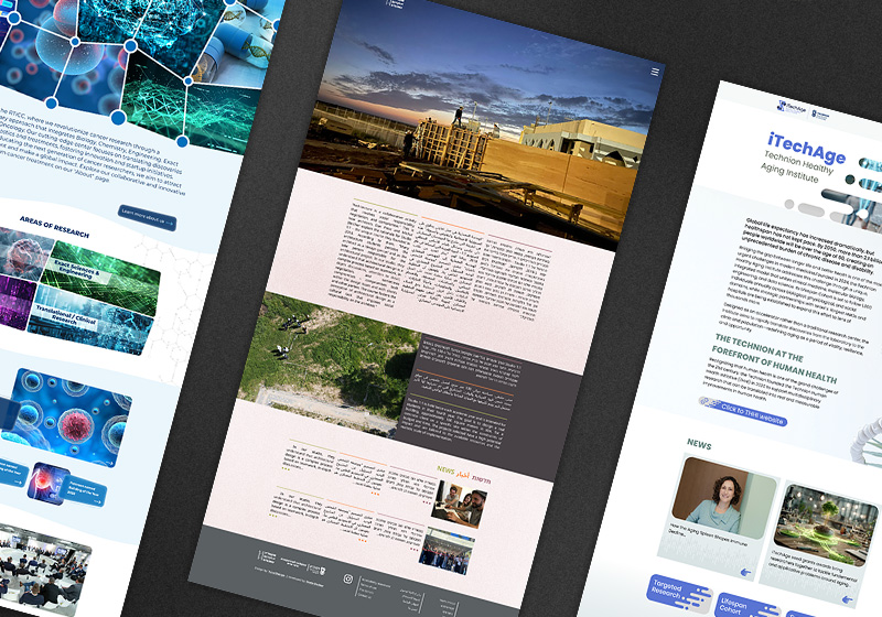 Three academic institution websites shown as desktop screenshots: RTICC Cancer Research Center, a Technion architecture course site in Arabic and Hebrew, and the iTechAge Technion Healthy Aging Institute