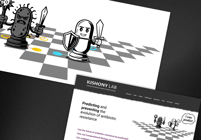 Kishony Lab website animation showing a hand-drawn chess-inspired illustration of a bacteria character versus an antibiotic character, displayed alongside the lab website homepage