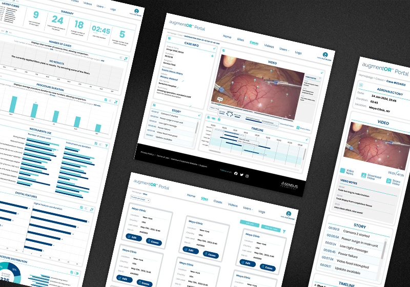 AugmentOR surgical data portal showing a dashboard with case statistics and charts, a case detail page with intraoperative video and timeline, and a mobile view of the same interface