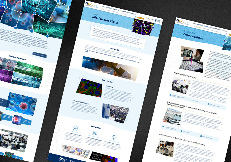 RTICC Rappaport Cancer Research Center website showing the homepage with cancer biology imagery and research area tiles, an About and Mission page, and a Research Core Facilities page
