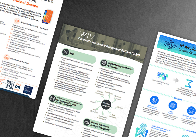Three marketing one-pagers: a Cubed Mobile corporate workspace product sheet, a WIV community relationship management platform flyer, and a Maverick Medical AI clinical coding platform overview