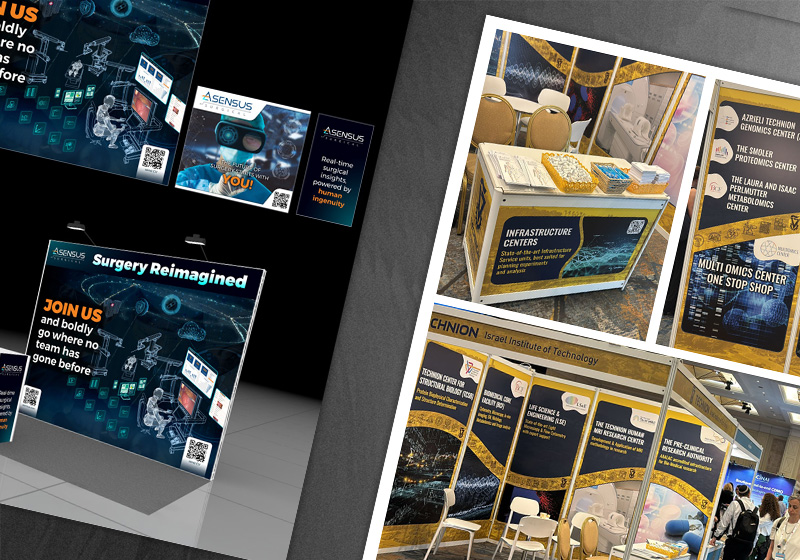 Conference booth design including an Asensus Surgical Surgery Reimagined booth with 3D render and printed backwall, and a Technion Infrastructure Centers booth photographed at a live conference with branded roll-ups and display panels