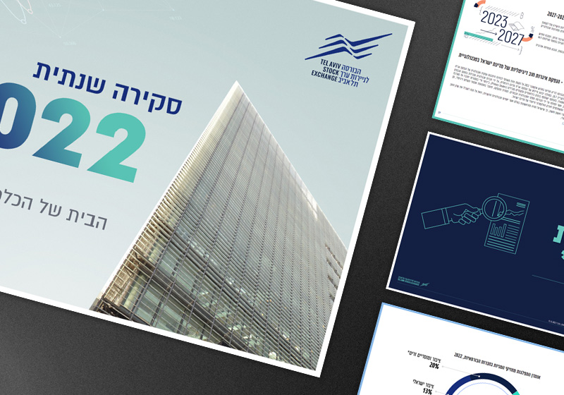 Cover of the TASE 2022 Annual Report showing a glass skyscraper against a light blue sky, with interior spreads displaying index comparison charts, fund flow data and a donut chart of investor breakdown