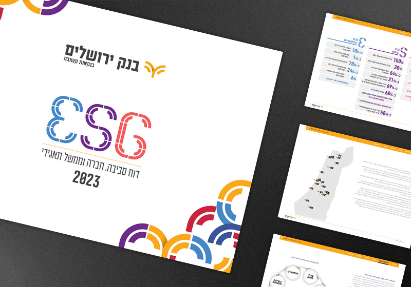 Cover of the Jerusalem Bank 2023 ESG Report with a bold colourful ESG typographic logo in blue, purple and gold, alongside interior spreads with an E-S-G performance scorecard and a geographic stakeholder map of Israel