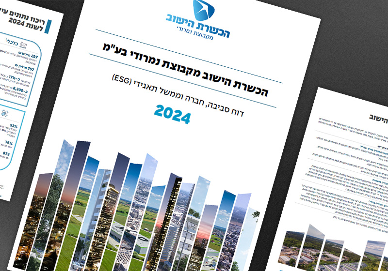 Cover of the ILDC 2024 ESG Report for Hachsharat HaYishuv real estate group, featuring a collage of residential and commercial property photographs, with interior spreads showing ESG key data highlights and a company overview page