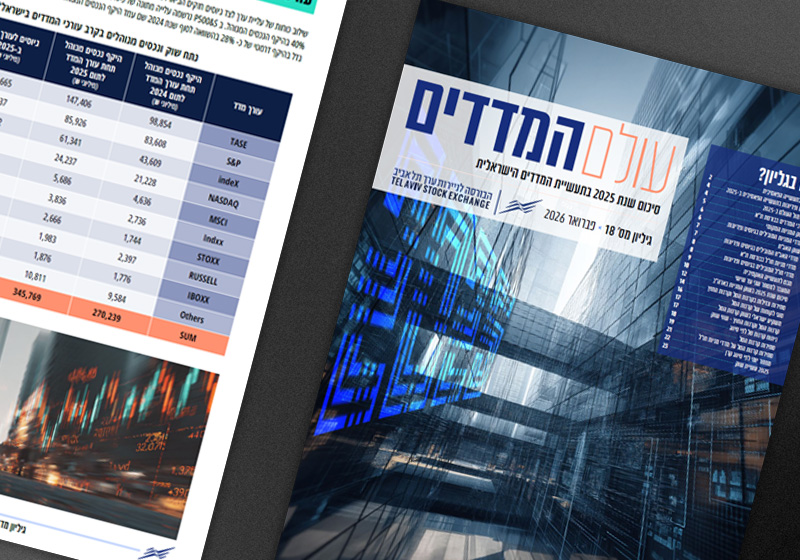 Cover of the TASE Indices Magazine issue 18, featuring a night-time cityscape of a financial district, alongside interior spreads with a circular index fund chart and a comparative performance table of Israeli and global market indices